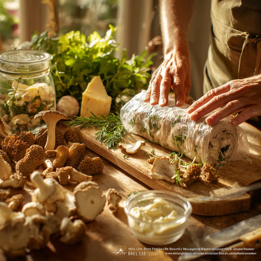 Préparation de la Ballotine de Poulet de Bresse aux Morilles, roulage du poulet sur une planche