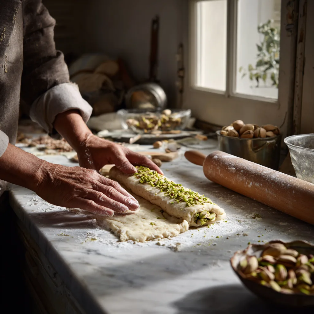 Préparation brioche roulée pistache façonnage pâte garniture verte cuisine maison