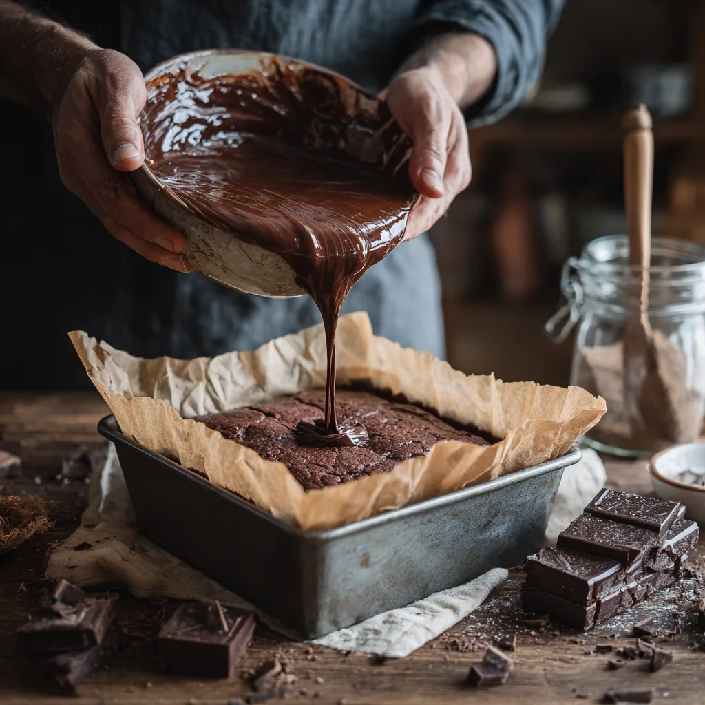 Préparation brownies double chocolat maison dans cuisine avec ingrédients et ustensiles