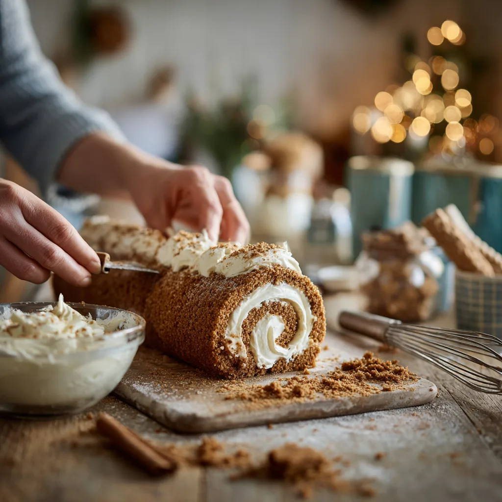 Préparation de la Bûche au Spéculoos avec roulage de la génoise