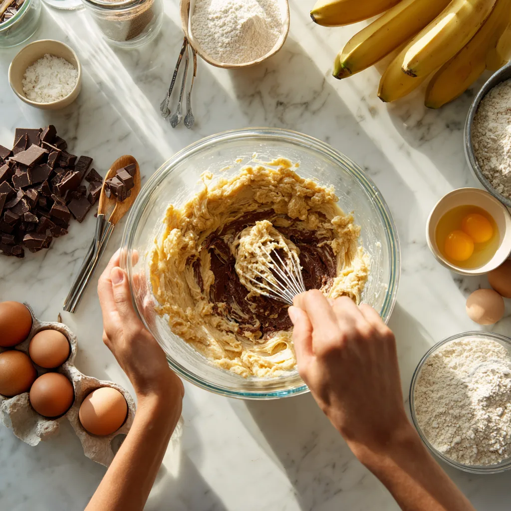 Préparation étape par étape du Cake Bananes Chocolat dans une cuisine moderne