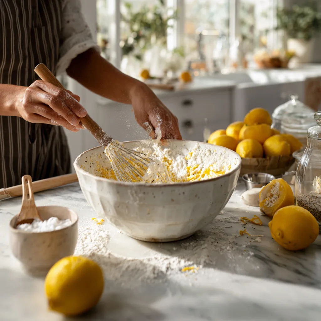Préparation cake citron pavot dans cuisine moderne mélange pâte à gâteau