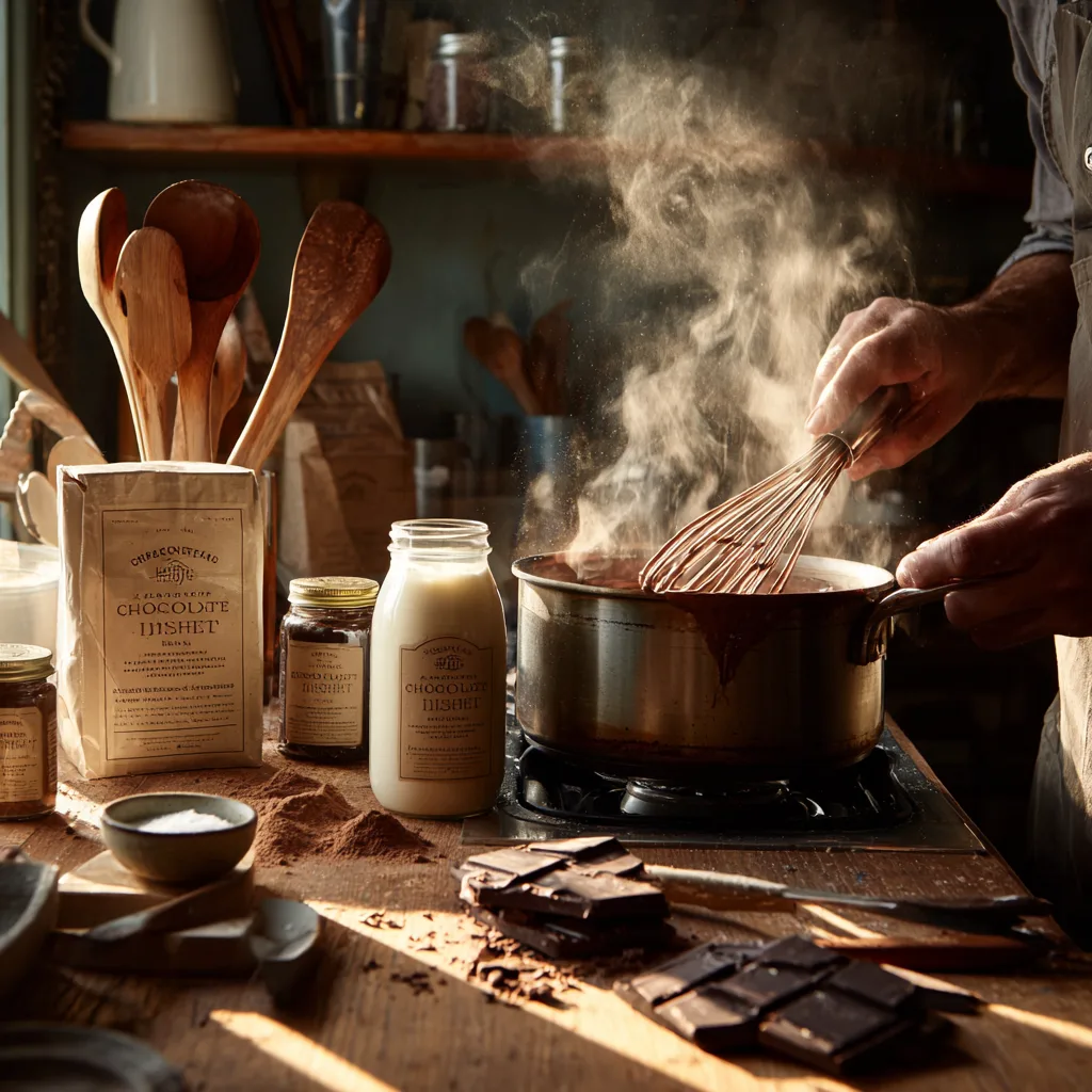 Préparation du chocolat au lait crémeux en cuisine avec un fouet dans une casserole 