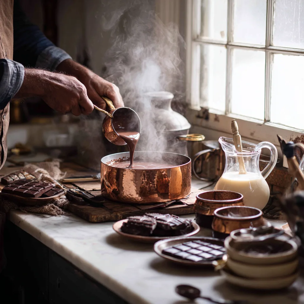 Préparation du chocolat viennois dans une cuisine avec casserole et ingrédients frais