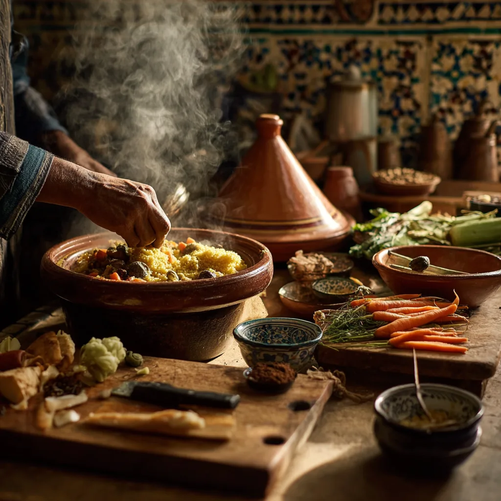 Préparation du Couscous Royal dans un couscoussier traditionnel avec semoule vapeur et bouillon de viandes