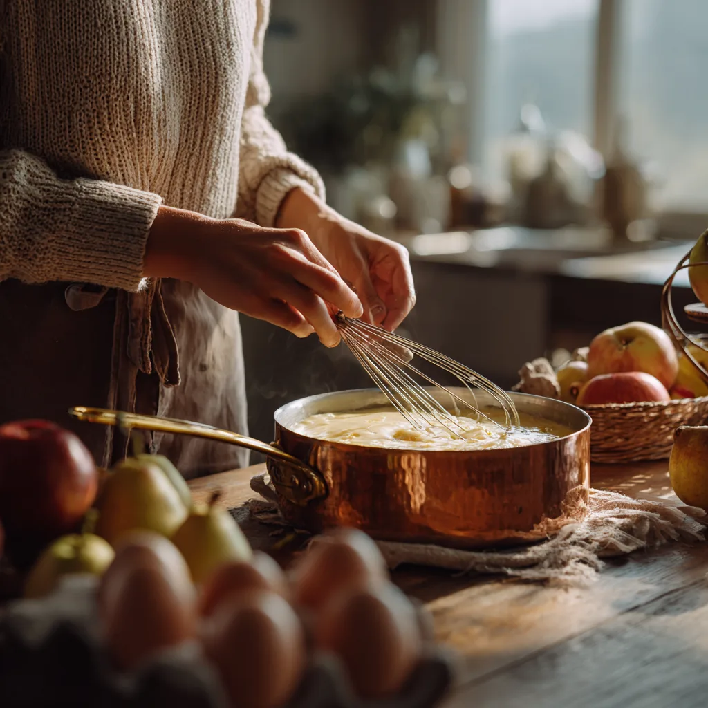 Préparation étape par étape de la crème dessert aux pommes dans une cuisine moderne