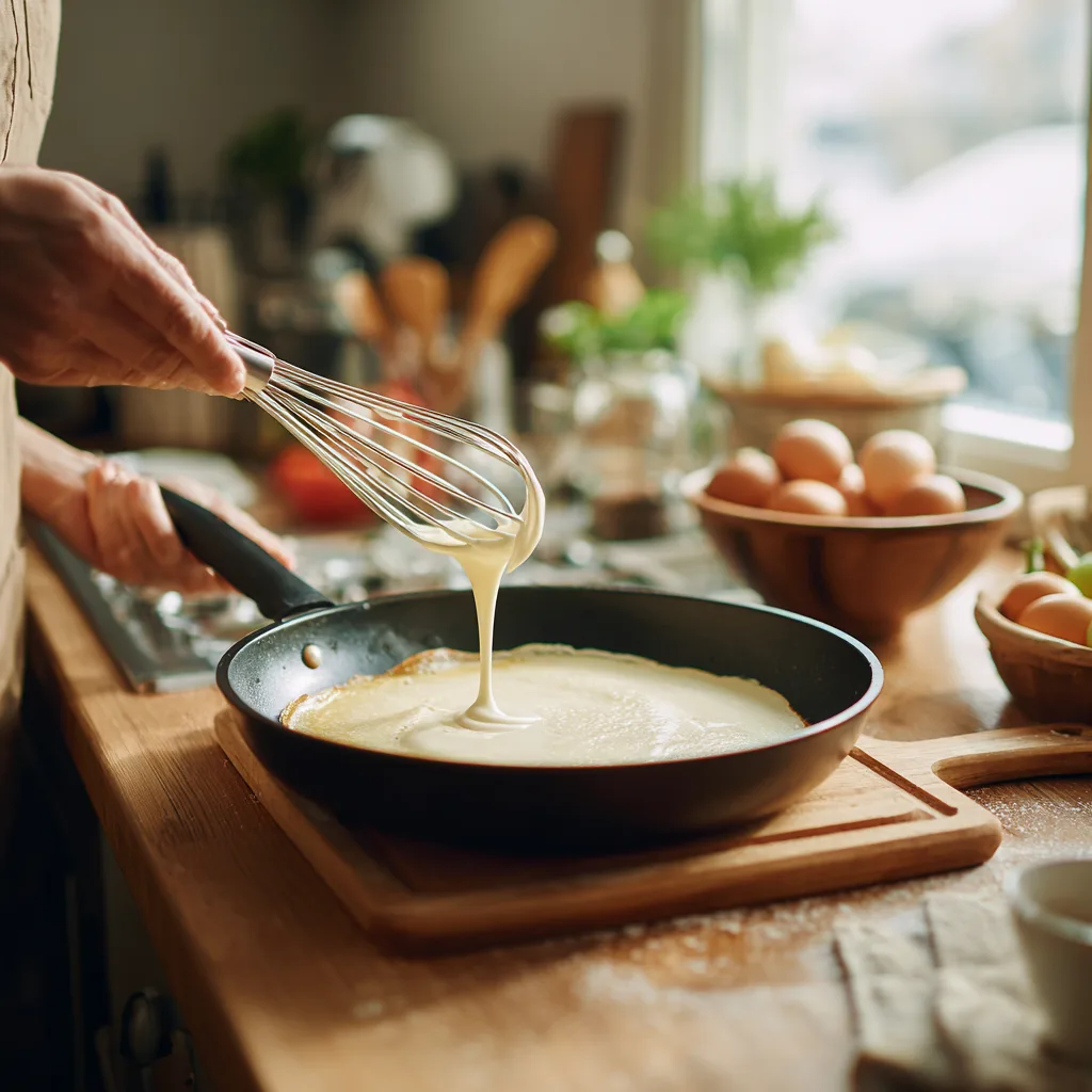 Préparation crêpes gourmandes versement pâte dans poêle chaude cuisine maison
