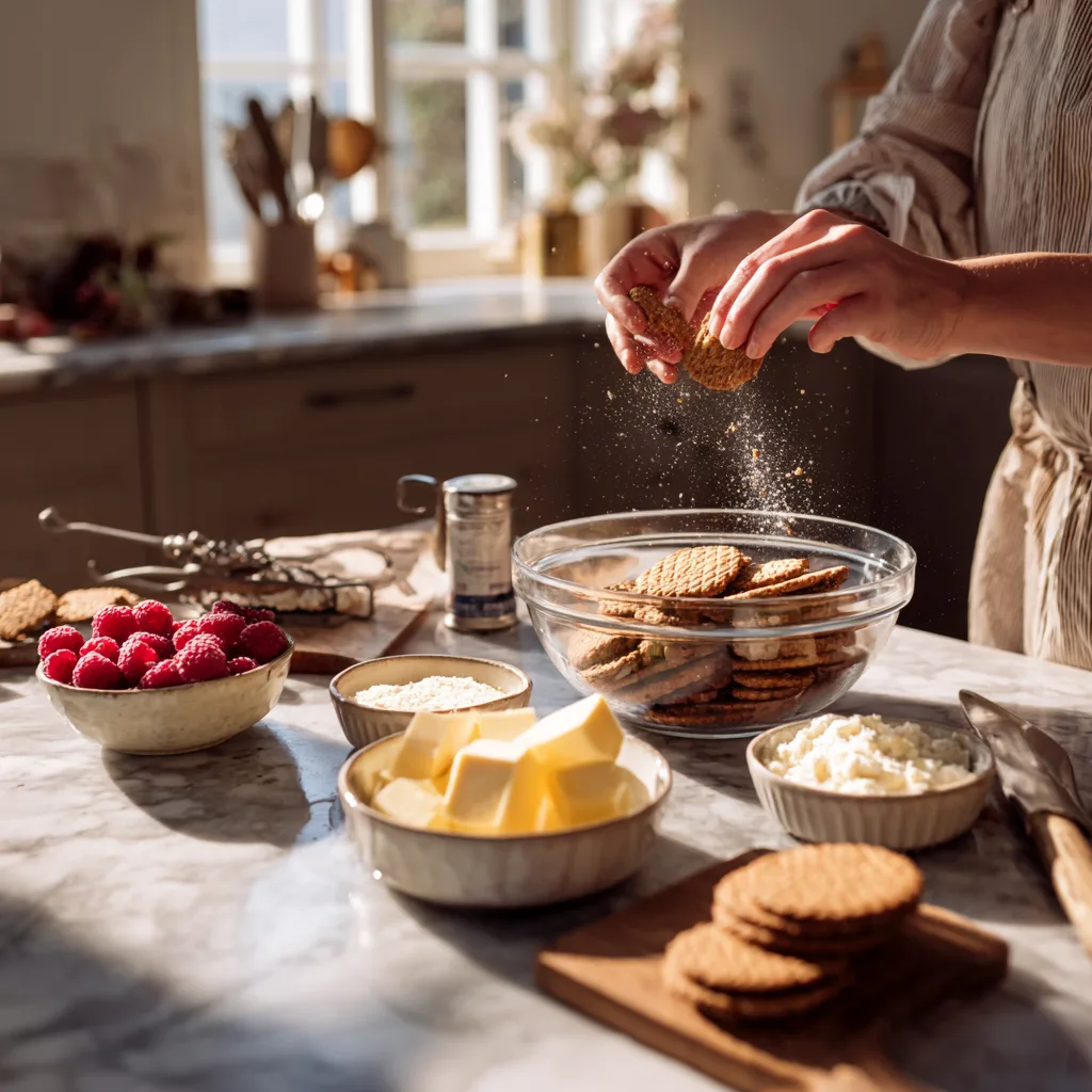 Préparation crumble framboises spéculoos ingrédients et mains émiettant biscuits