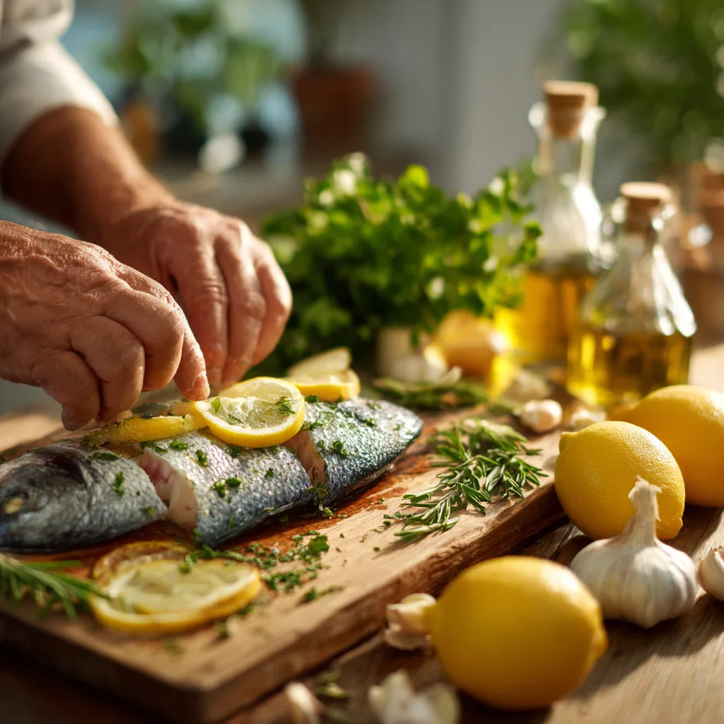 Préparation daurade au citron et herbes insertion aromates dans poisson frais cuisine