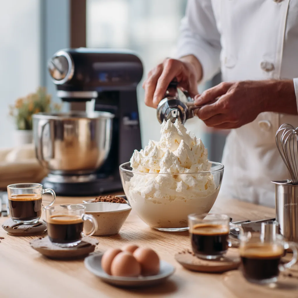 Préparation du dessert glacé au café et meringue dans une cuisine avec sorbetière et ustensiles