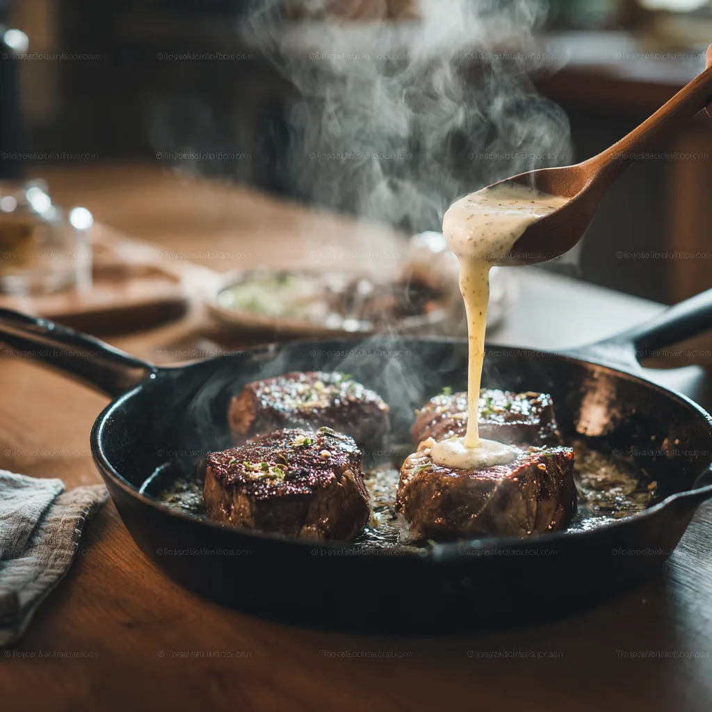 Préparation du Filet de Bœuf à la Crème et Échalotes avec la sauce versée dans la poêle