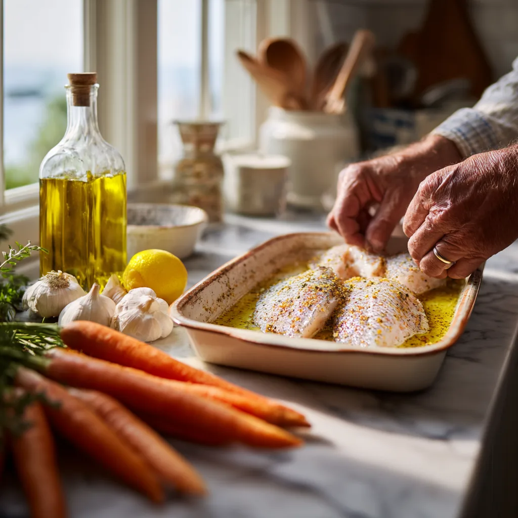 Préparation du filet de dorade au four avec tous les ingrédients frais disposés sur le plan de travail