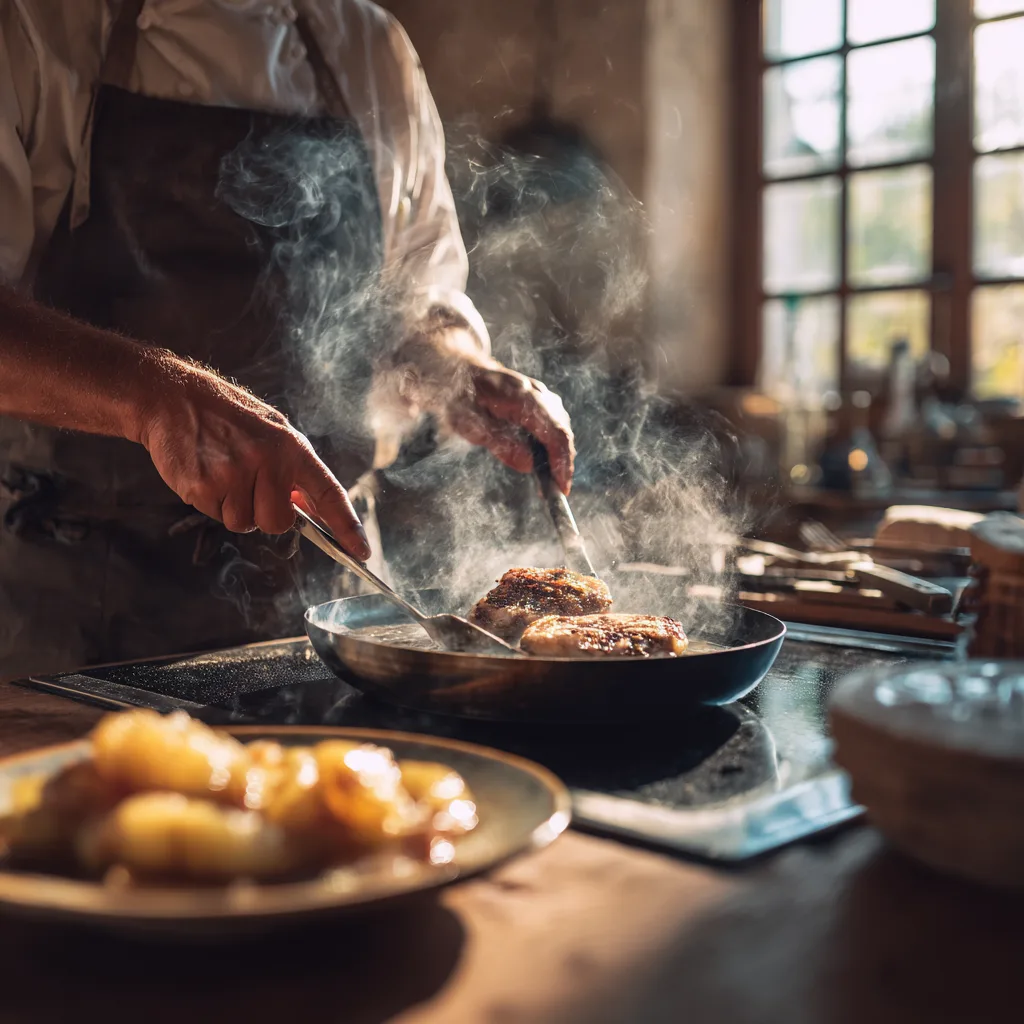 hef cuisinant du foie gras poêlé aux pommes dans une poêle professionnelle sur feu vif