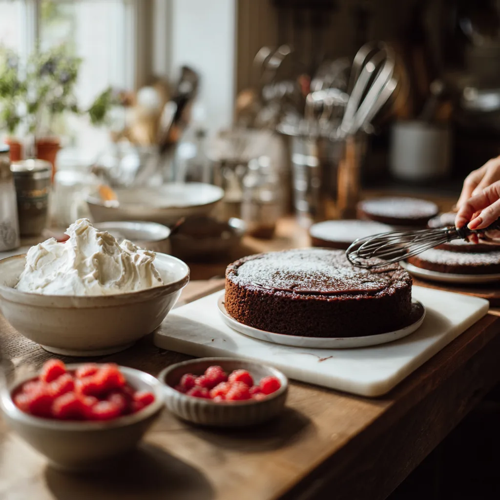 Préparation Forêt Noire aux Framboises avec ingrédients et ustensiles de pâtisserie