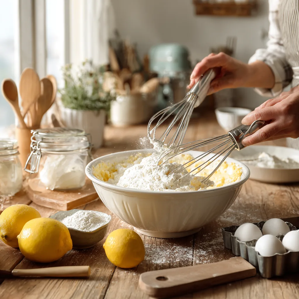 Préparation du gâteau au fromage blanc citron avec ingrédients frais et blancs en neige dans une cuisine lumineuse