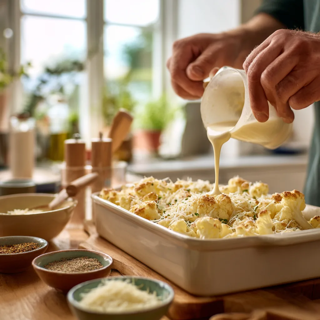 préparation d’un gratin de chou-fleur léger avec sauce légère versée sur le chou-fleur