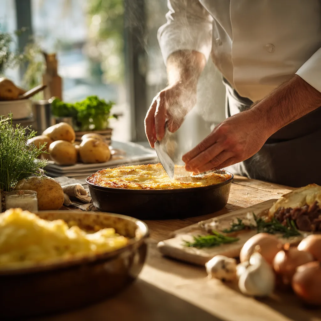Préparation du Hachis Parmentier dans une cuisine avec pommes de terre, viande hachée et ustensiles