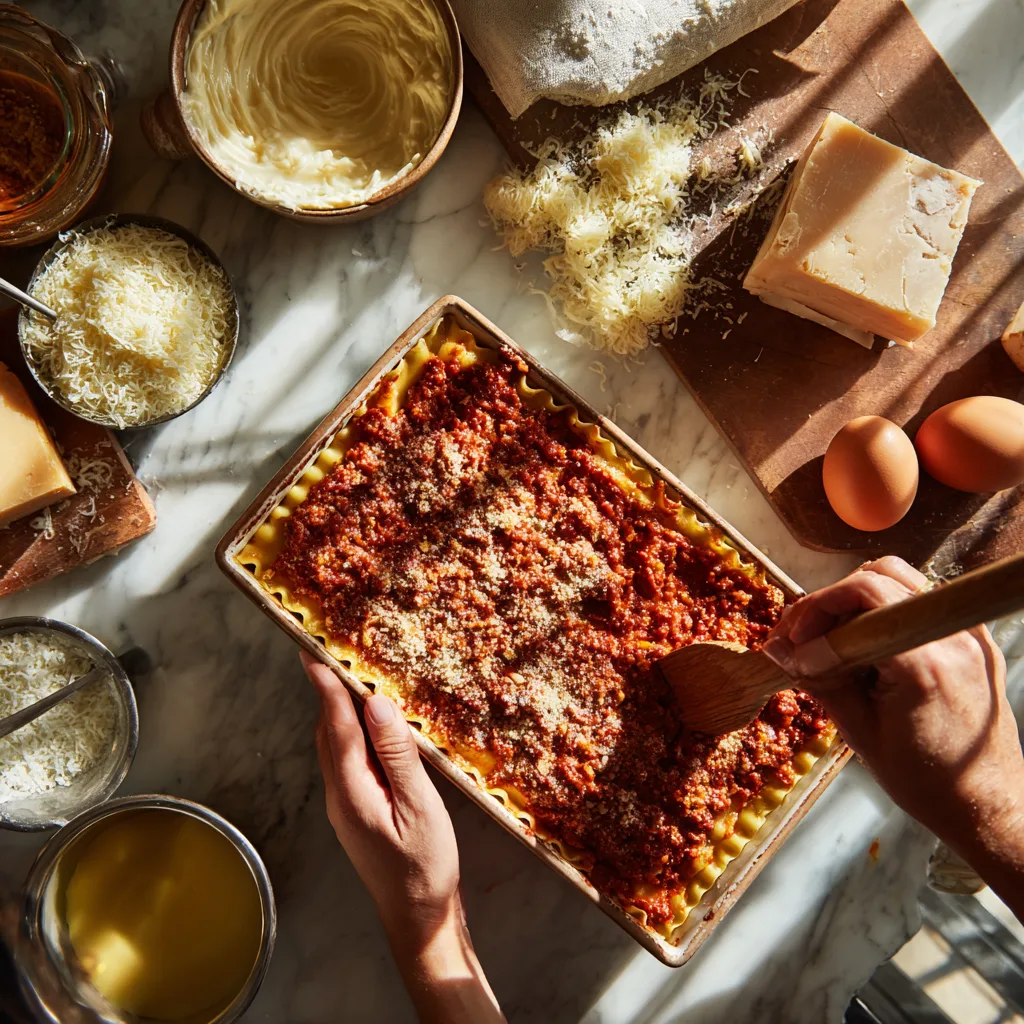 Mains assemblant des lasagnes bolognaises en superposant sauce et pâtes dans un plat
