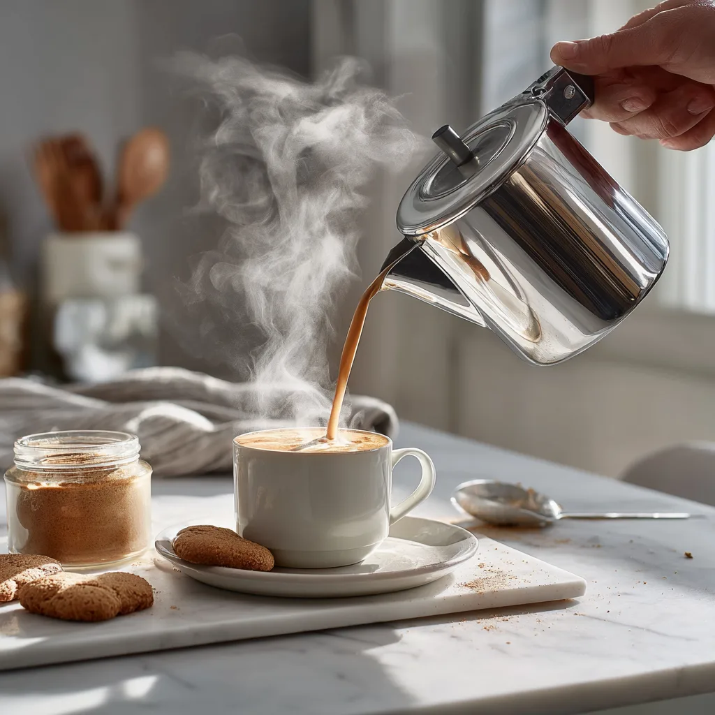 Préparation latte spéculoos versement lait moussé dans tasse avec ingrédients et ustensiles de cuisine