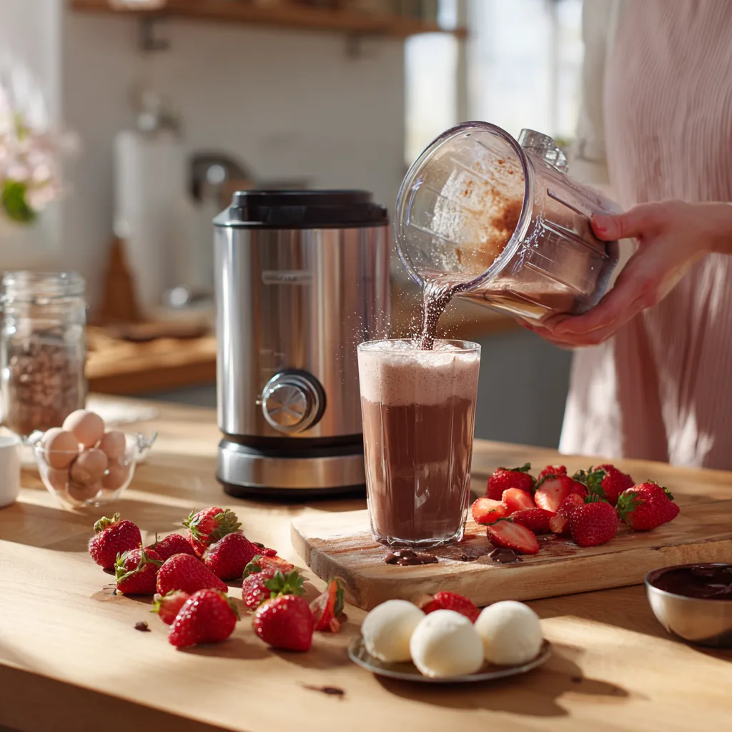 Préparation facile Milkshake Chocolat Fraise maison avec mixeur et ingrédients