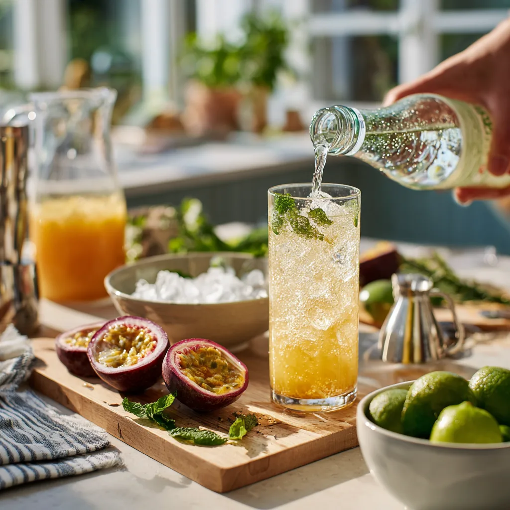Préparation mocktails fruit de la passion cuisine avec ingrédients frais eau gazeuse versée dans verre