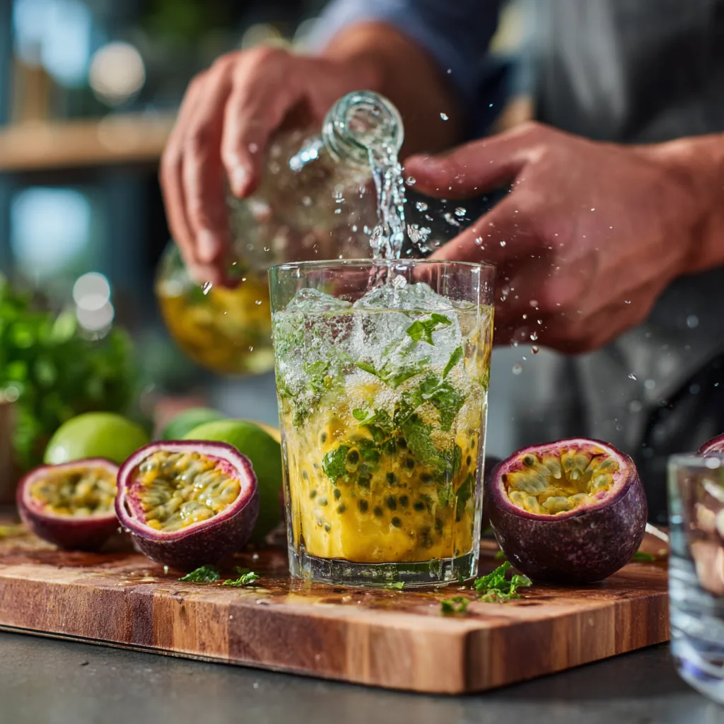 “Préparation d’un Mojito Fruit de la Passion dans une cuisine avec eau gazeuse et fruit frais”