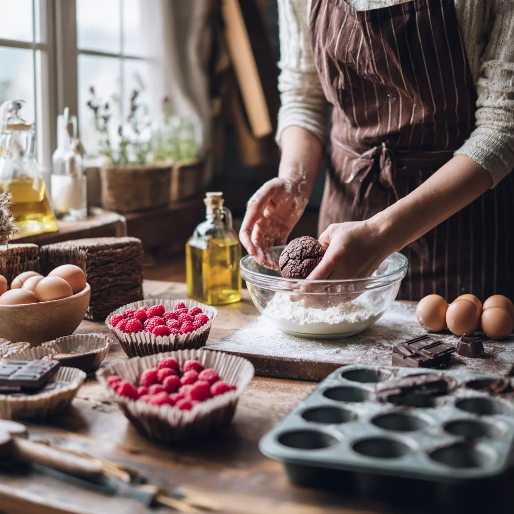 Préparation de la pâte à muffins chocolat noir et framboise avec ingrédients frais disposés
