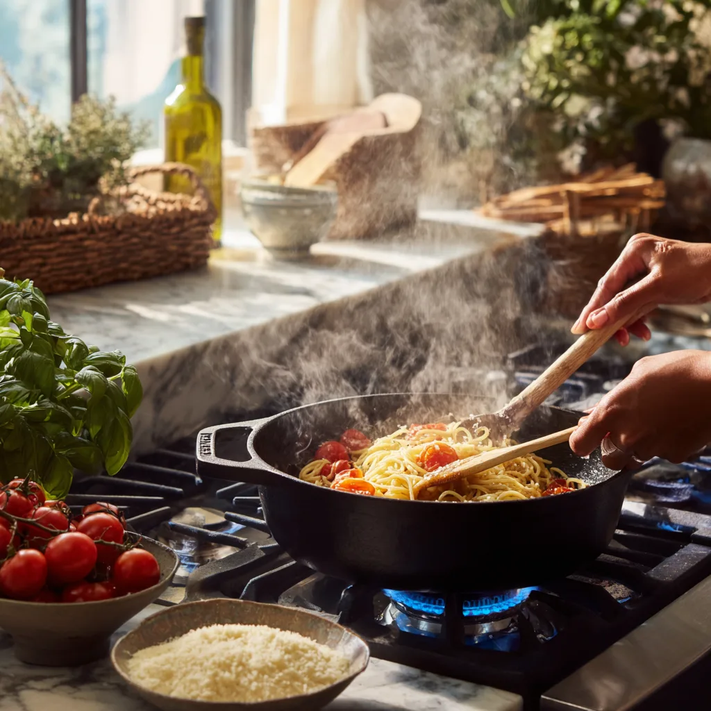 Préparation One-Pot Pasta cuisine italienne cuisson spaghetti casserole fonte remuage ingrédients frais