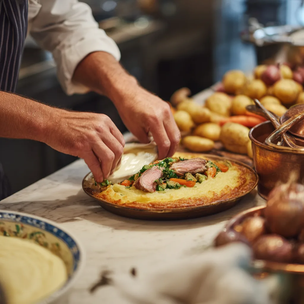 Préparation du Parmentier de canard aux légumes dans une cuisine avec ingrédients frais