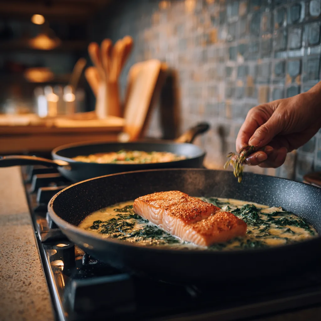 Préparation d’un Pavé de Saumon aux Épinards dans une poêle dans une cuisine familiale