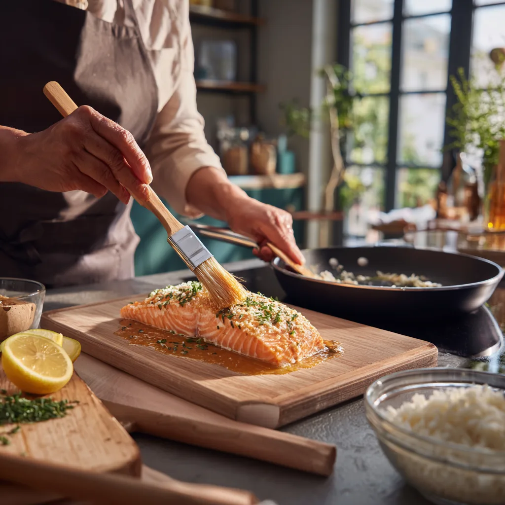 Préparation d'un pavé de saumon mariné dans une cuisine avec ingrédients frais