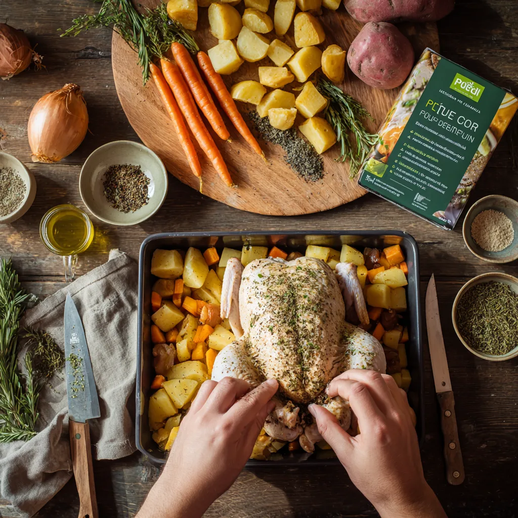 Préparation du poulet rôti aux légumes d’hiver avec les mains qui assaisonnent le poulet.