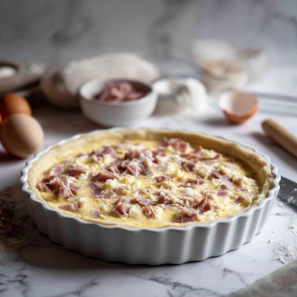 Préparation de la quiche au jambon et fromage dans une cuisine avec versement de l'appareil aux œufs
