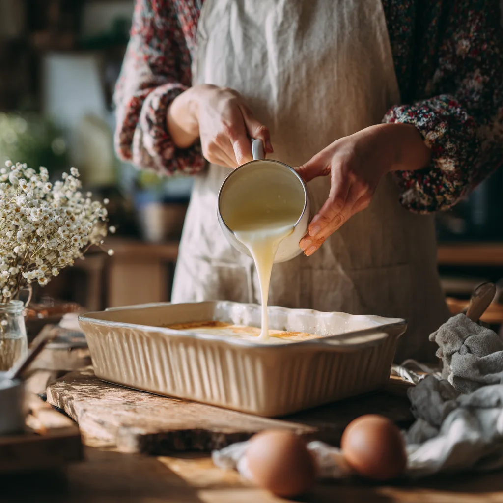 Préparation Quiche Lorraine sans pâte versement appareil dans moule cuisine