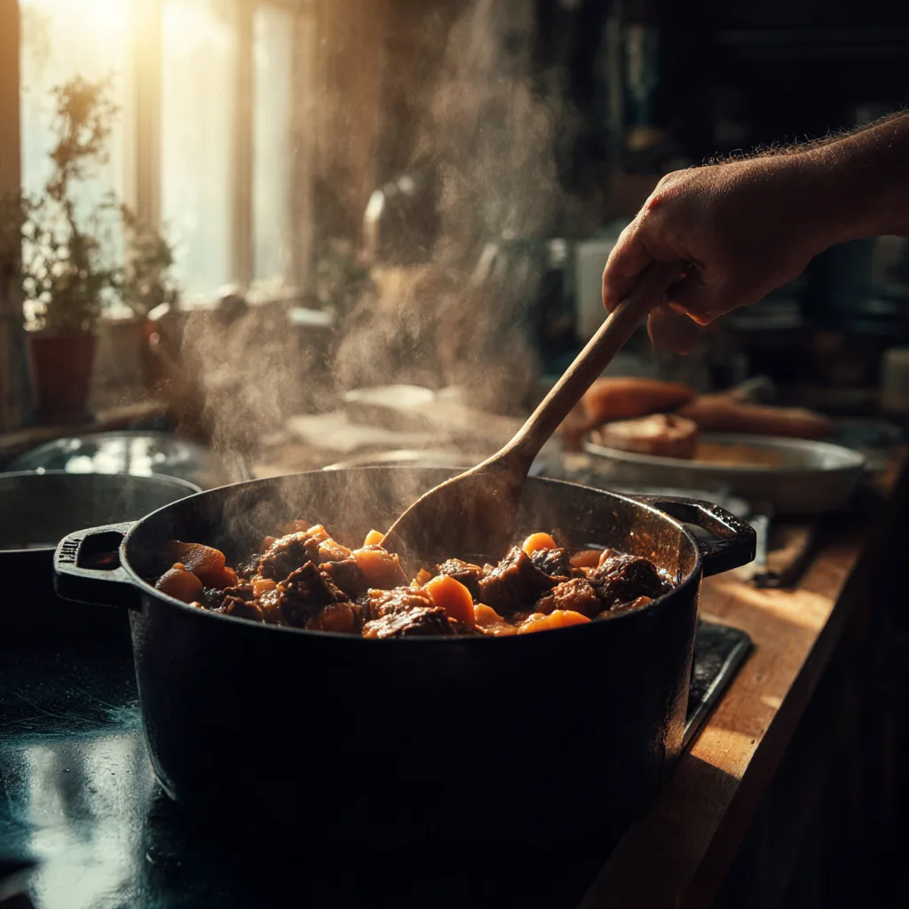 Préparation d'un ragoût maison dans une cuisine, cuisson à la cocotte sur la cuisinière