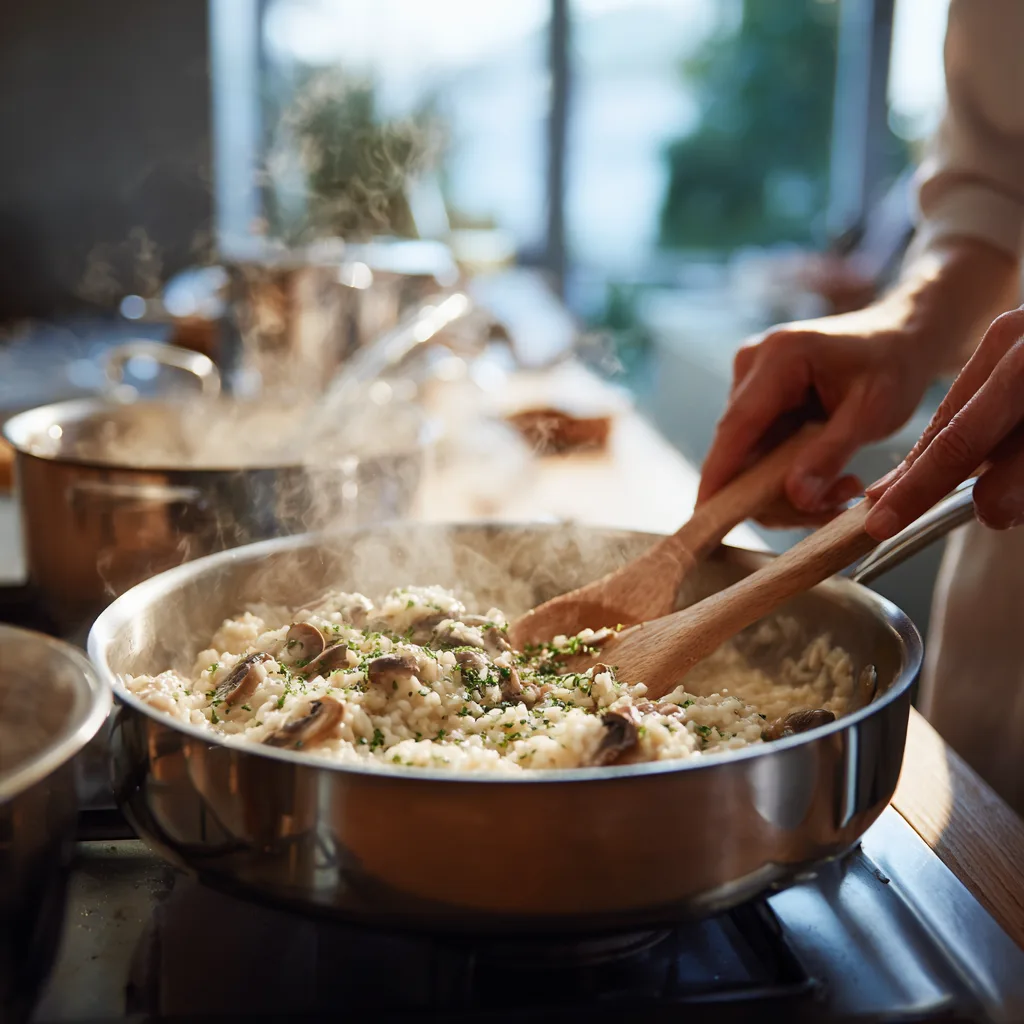Préparation risotto crémeux champignons dans une casserole avec cuillère en bois