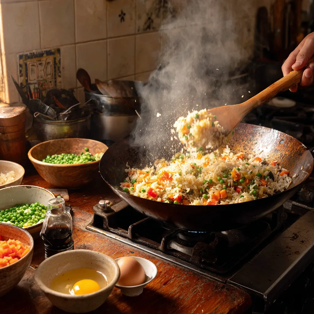 Cuisson riz sauté aux légumes et œufs au wok avec spatule et flammes