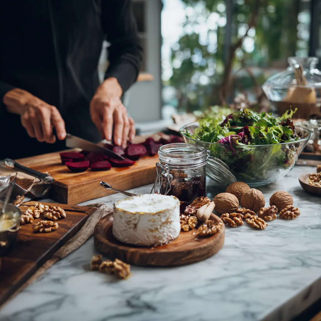 Préparation d'une salade betterave chèvre dans une cuisine avec ingrédients frais