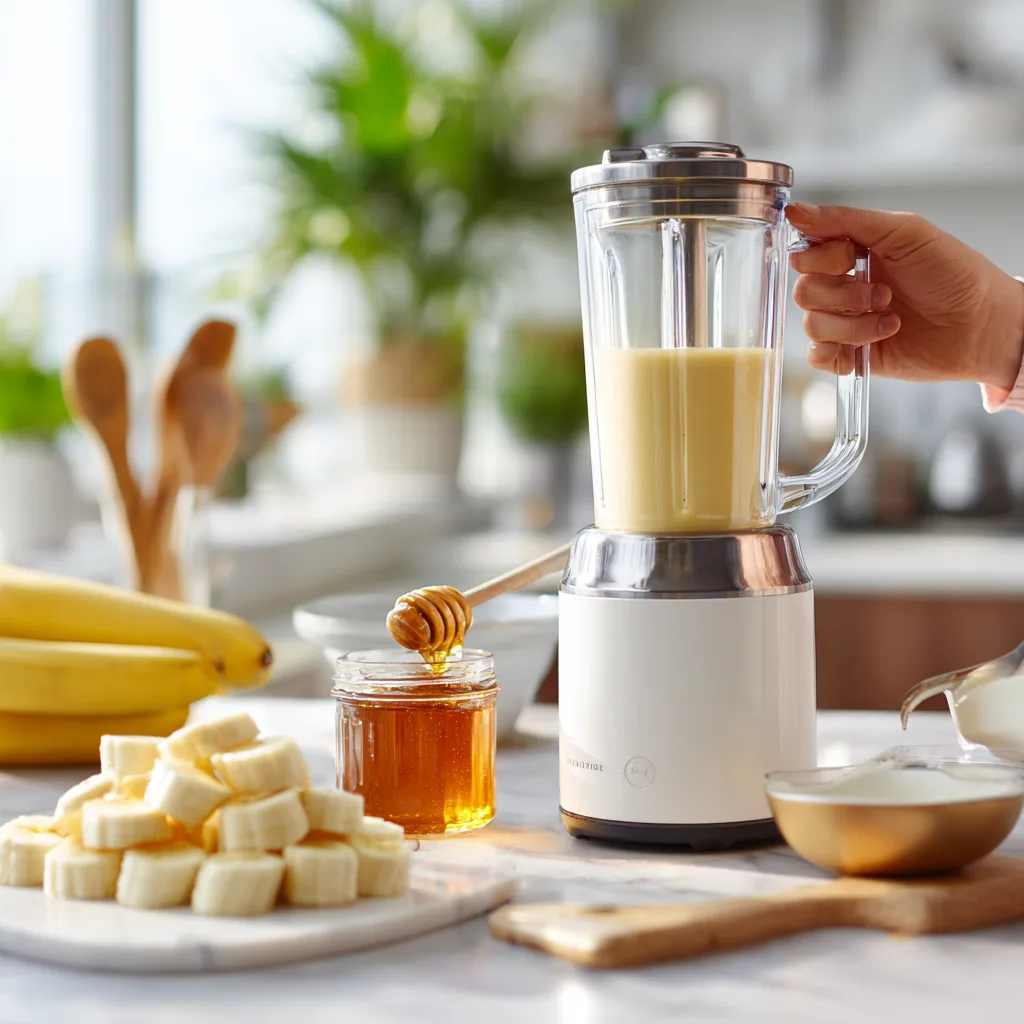 Préparation smoothie banane et miel cuisine moderne mixeur action ingrédients frais bananes miel yaourt lait