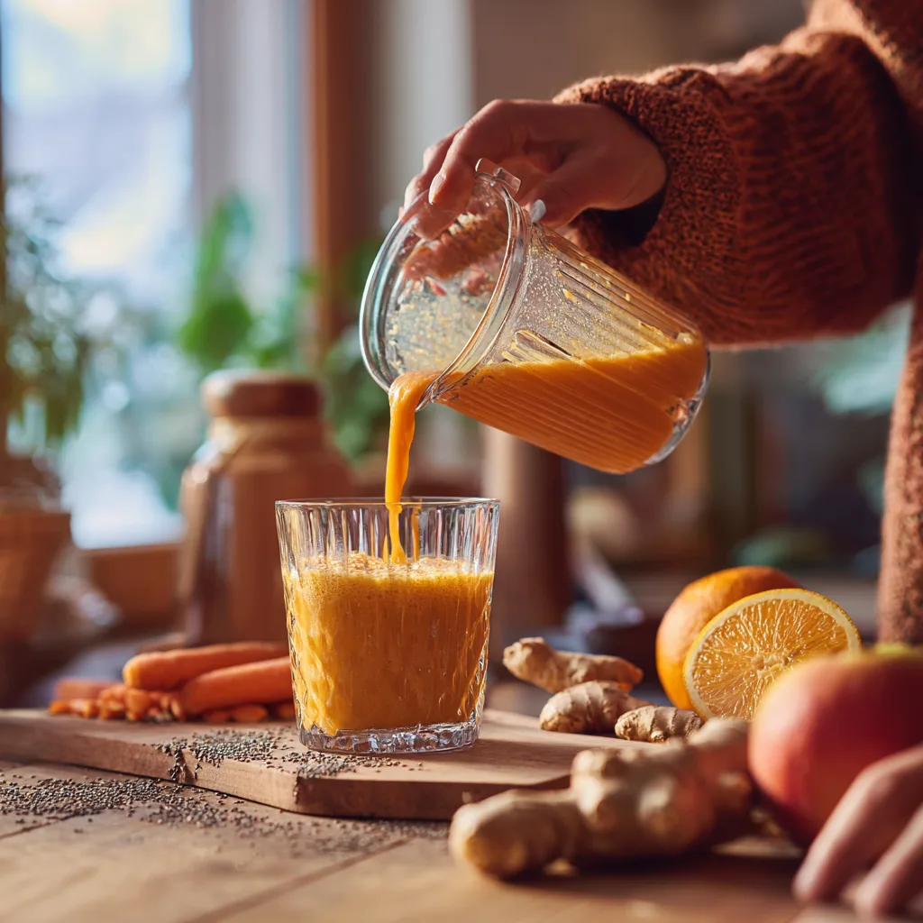 Préparation du Smoothie Détox Hiver, smoothie versé depuis un blender dans un verre