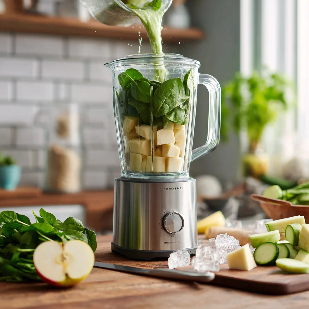 Préparation smoothie vert printemps blender cuisine ingrédients frais épinards banane concombre