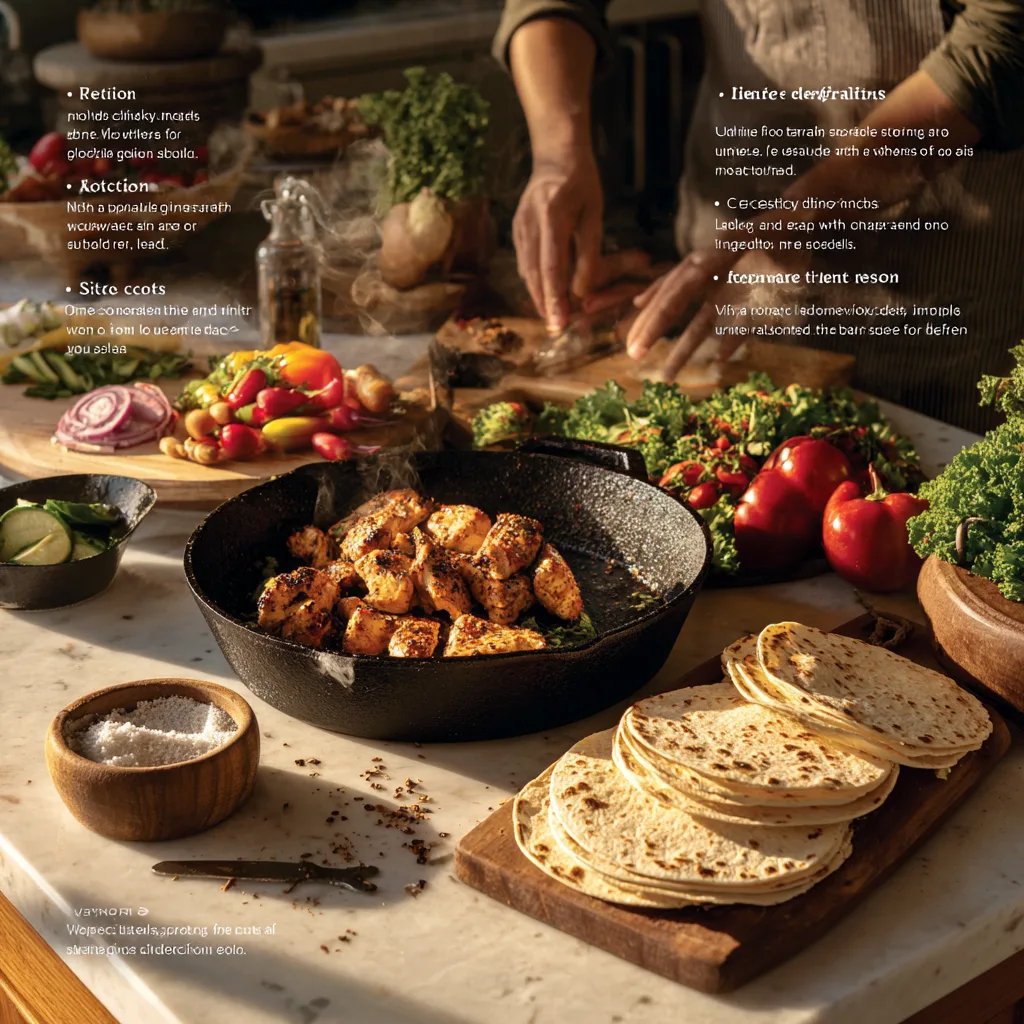 Préparation de tacos maison au poulet grillé dans une cuisine avec ustensiles et ingrédients