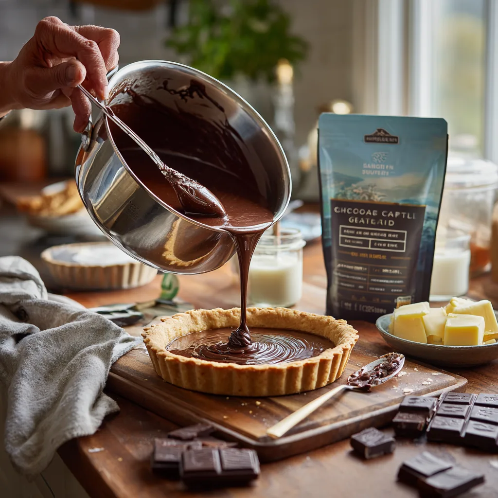 Préparation de la tarte au chocolat noir avec ganache versée dans le fond de tarte