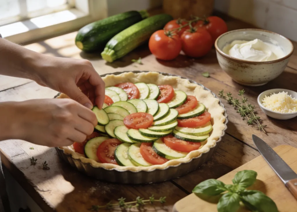 Préparation d'une tarte courgette tomate avec disposition des légumes sur la pâte en cuisine