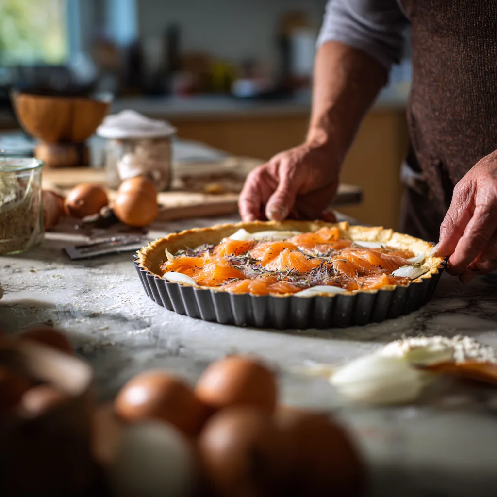 Préparation étape par étape de la Tarte au saumon fumé et poireaux avec tous les ingrédients disposés sur plan de travail