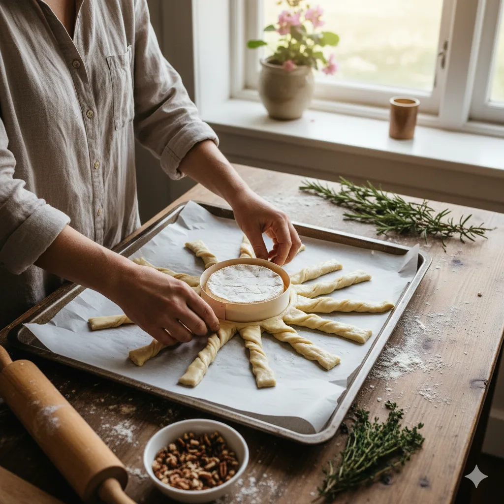 Préparation de la Tarte Soleil au Camembert Rôti avec torsade des rayons de pâte