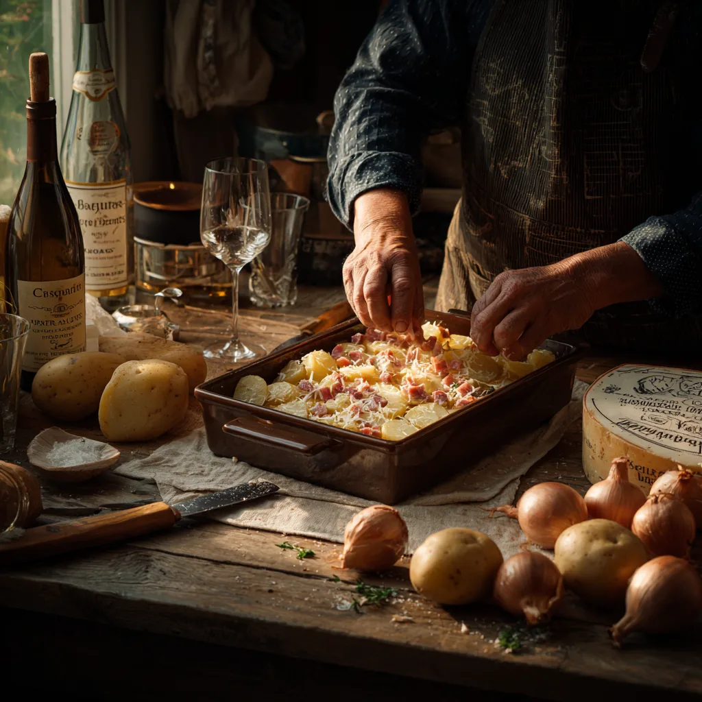 Préparation de la tartiflette dans une cuisine, avec les pommes de terre, les lardons et le reblochon en train d’être disposés.