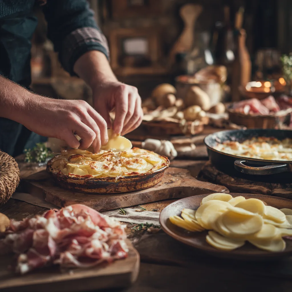 Préparation Tartiflette Savoyarde cuisine montage plat gratin reblochon pommes de terre
