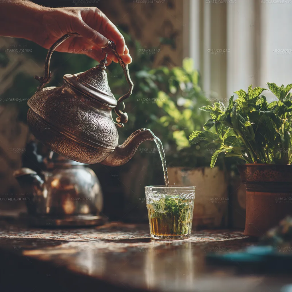 Préparation du Thé à la Menthe Marocain avec théière marocaine versant le thé de haut dans un verre