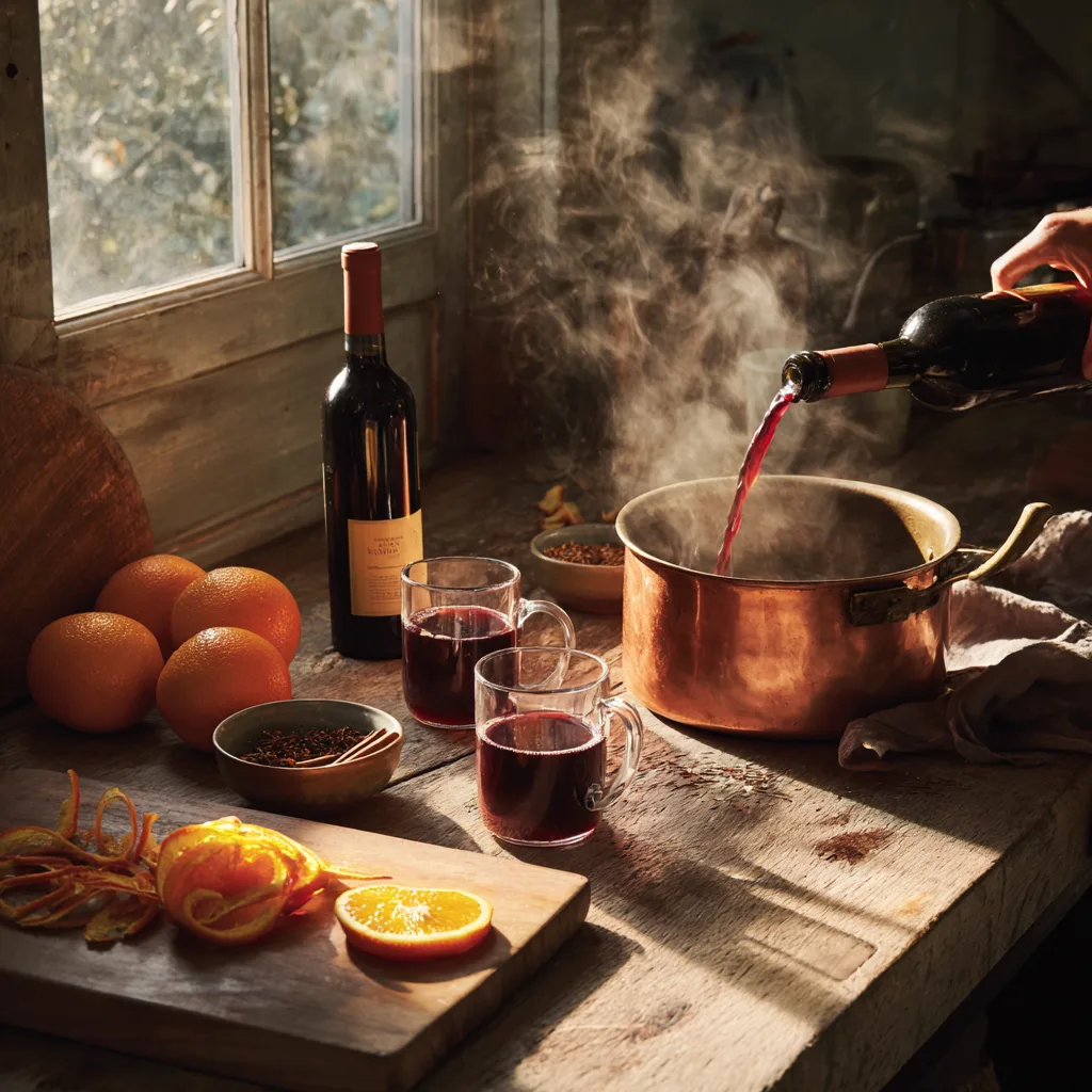 Préparation du vin chaud aux épices dans une cuisine avec casserole et ingrédients